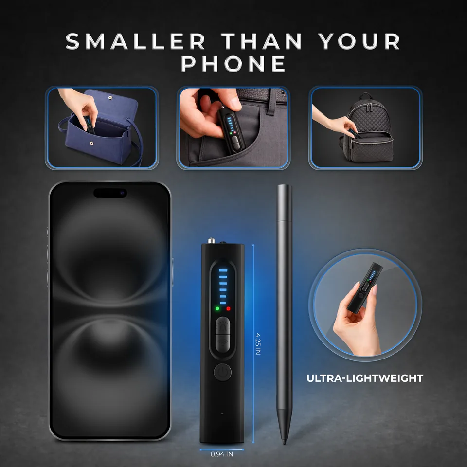 VLV13 compared with a smartphone and a pen, showing its compact size, with a hand placing it in a bag and pocket
