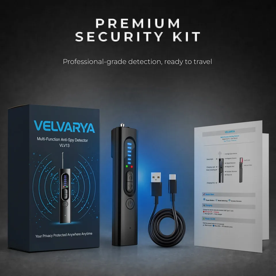 Velvarya VLV13 retail box, detector, USB-C cable and printed user manual